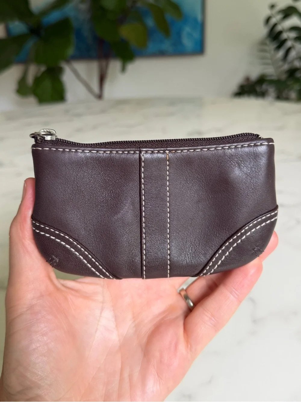 Coach Vintage Y2K Soho Leather Medium Skinny Coin Purse Dark Brown w/ Key Ring
